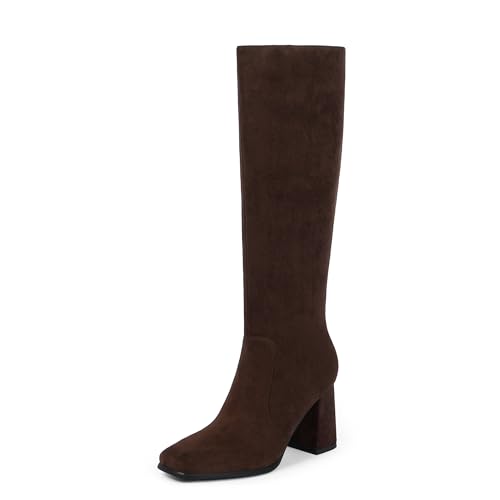 Modatope Dark Brown Suede Knee High Chunky Heel Boots Square Toe Tall Boots for Women Block Heel Side zipper Fall Boot Women Size 8