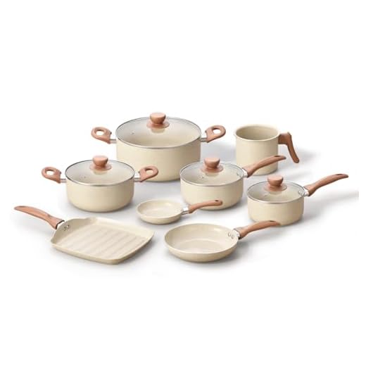 Oikos - Jogo com 8 Panelas Antiaderentes de Revestimento Cerâmica com Tampa de Vidro Terrara Bege com 5 Camadas para Fogão a Gás, Elétricos, Cerâmicos e Halogênio