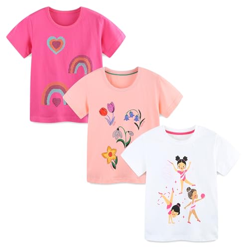 Image of Toddler Girls Short Sleeve T-Shirt 100% Cotton Crew Neck Top Holiday Sweatshirt 3 Pack