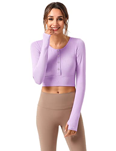 Femmes Henley Bouton décoratif Manche Longue Tricot côtelé Rembourré Hauts Courts Yoga T-Shirt Violet M Cover