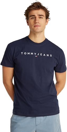 Tommy Jeans Camiseta de Manga Corta Hombre Linear Logo de algodón, Azul (Dark Night Navy), 4XL