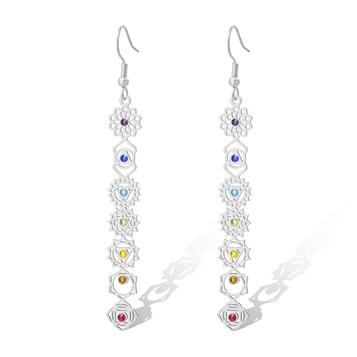 Image of 7 Chakra Earrings for Women Long Dangle Drop Yoga Jewelry Reiki Healing Crystal Chakra Earrings for Spiritual Meditation (Silver)