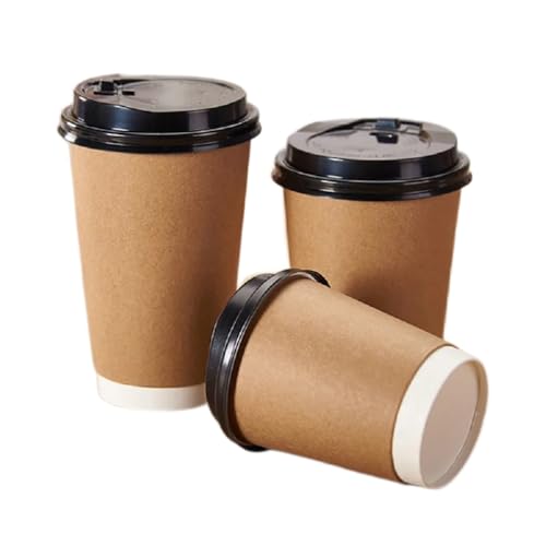 M7 Packaging Lot de 100 gobelets jetables en papier kraft avec couvercles, marron avec couvercles noirs, 350 ml