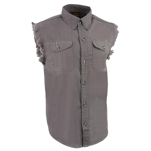 Image of Milwaukee Leather DM4009 Men's Sand Lightweight Denim Shirt with with Frayed Cut Off Sleeveless Look