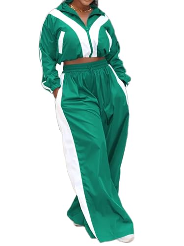 Angsuttc Track Suits for Women Set Color Block Two Piece Long Sleeve Cropped Jacket and Wide Leg Pants Outfits