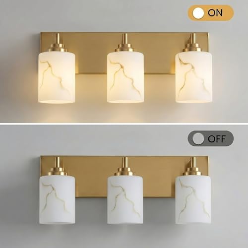 Image of 3-Light Bathroom Light Fixture, Gold Modern Vanity Light with White Marble Glass Shade, for Bathroom Mirror, Living Room, Bedroom, Hallway, E26 Base, Extended Base