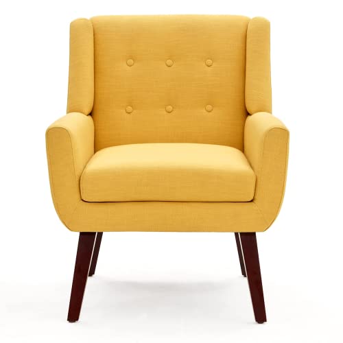Huimo Accent Chair, Button Tufted Upholstered Sofa Chairs, Comfy Linen Fabric Armchair For Bedroom, Reading, Mid-Century Modern Living Room Chair (Yellow) #TOP5