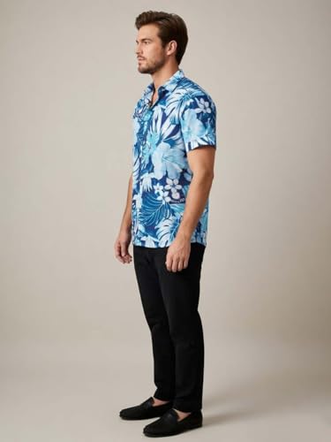 Image of Leriya Fashion Men's Tropical Hawaiian Button Down Shirt | Regular Fit Soft Rayon Short Sleeve Casual Beach Shirt with Floral Print|Summer Holiday Resort Outfit