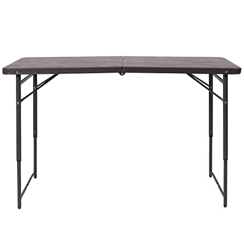 Flash Furniture Mills 4-Foot Height Adjustable Bi-Fold Brown Wood Grain Plastic Folding Table With Carrying Handle #TOP5