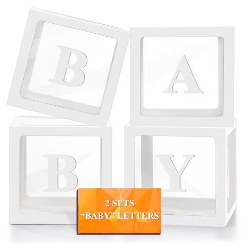 Image of Ledido Baby Boxes with Letters for Baby Shower Decorations, 4 pcs Clear Balloon Boxes with Letters for Boys Girls Gender Reveal Decorations Birthday Wedding Backdrop Party (White)