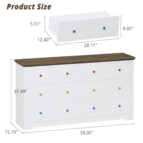 LIKIMIO 6 Drawer Dresser, 59" Wood Chest, White with Colorful/Black Handles
