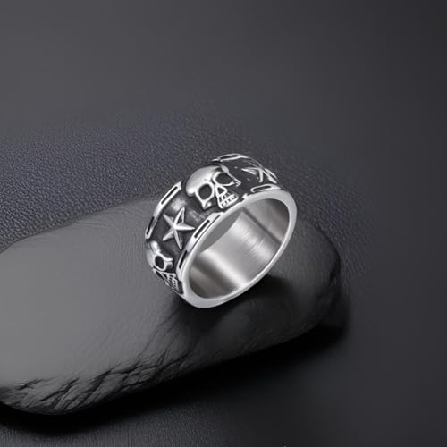 Keep Going Ring Gothic Star Skull Rings for Men Women Band Stainless Steel Silver Pentacle Skeleton Cocktail Party Biker Ring Size 8-133