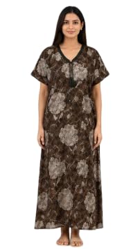 Women’s Cotton Printed Nighty Dress | Full Length Short Sleeve Lounge Wear Night Gown for Women Soft Comfortable Sleepwear Maxi Dress for Daily Home Wear Brown-image-37