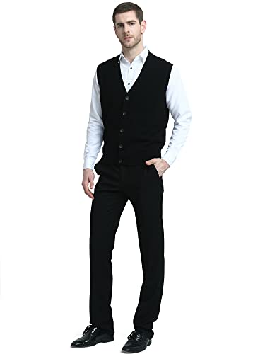 Kallspin Men's Cashmere Wool Blended Sweater Vest Cable Knit Relaxed Fit V Neck Sleeveless Knitted Button Cardigan(Black,X-Large) #TOP3