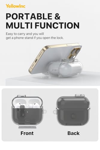 Image of Clear Magnetic Auto-Lock Case Cover for Apple Airpods Pro 3 (2025), with Phone Stand & Carabiner (Clear Black,Transparent Lock with Stand)