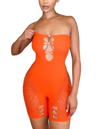 Image of AVZXSA Women's Sexy Hollow Out Seamless Tube Rompers, One Piece Rhinestone Accented Strapless Mesh Bodysuit Jumpsuits, Orange, One Size