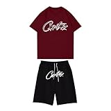 Conjunto deportivo de 2 piezas para hombre con pantalones cortos de moda y cuello redondo, holgados, para el verano, para deporte, sudar, ropa deportiva, Vino, M
