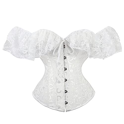 SHYMMUO White Corset Top for Women Off Shoulder Lace Up Gothic Steampunk Bustier Tops Sexy Bridal Corset for Wedding & Halloween Costumes M
