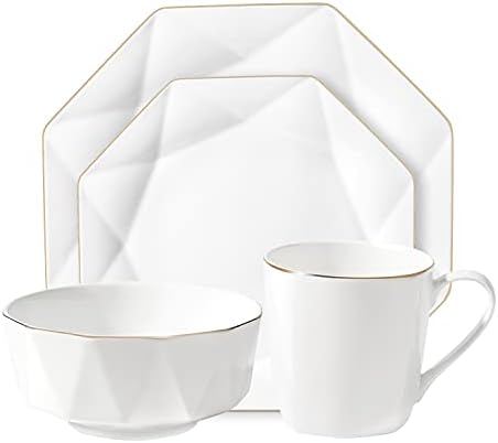 GRACIRI Dinnerware Set 4 Pieces, White Stoneware Porcelain Bone China Dinnerware Sets Service for 1, Modern Kitchen Dishes Sets Including Dinner Plate, Salad Plate, Serving Bowl, Handled Mug