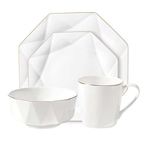 Graciri Dinnerware Set 4 Pieces, White Stoneware Porcelain Bone China Dinnerware Sets Service For 1, Modern Kitchen Dishes Sets Including Dinner Plate, Salad Plate, Serving Bowl, Handled Mug #TOP3