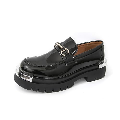 Men's Patent Leather Slip-On Platform Penny Dress Loafers with Metal Decoration Round Toe Non-Slip Lug Sole Shoes for Business Work Daily Formal Party
