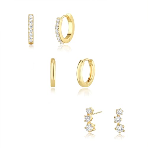 Image of Freekiss 3 Pairs Gold Hoop Earrings Set: Dainty Stud Earrings Trendy Small 14K Gold Plated Hypoallergenic Dangle Cartilage Huggie Hoop Earrings for Women Gold Jewelry for Women Gifts