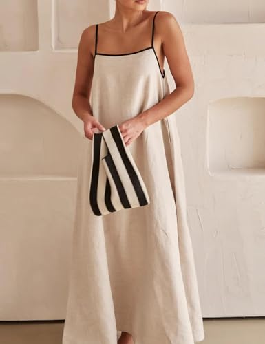 Image of Womens Summer Linen Maxi Dress Contrast Trim Spaghetti Straps Backless Sleeveless Long Flowy Dresses