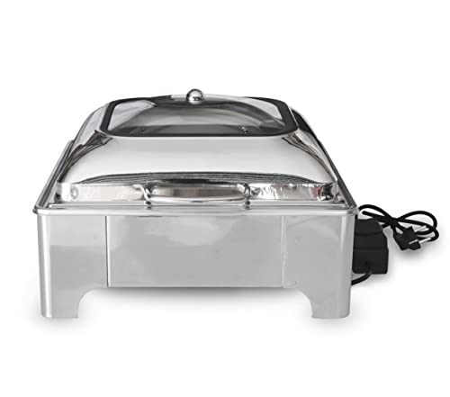 Image of Malabar Stainless Steel Electric Chafing Dish with Transparent Lid, Rectangular Chafing Dish Set with Hydraulic Lid, Mirror Finished Buffet Food Warmer (Electric, 6 LTR)