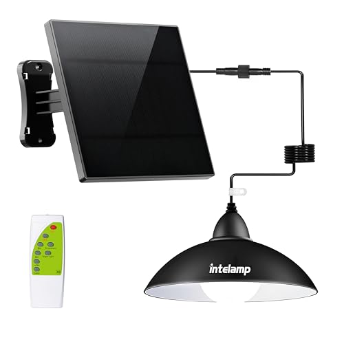 intelamp Solar Pendant Lights Indoor Outdoor, 4000mAh Gazebo Shed Chandeliers with Remote All Day/Night Mode 16.4Ft Hanging Warm White Lighting for Outside Barns Chicken Coop
