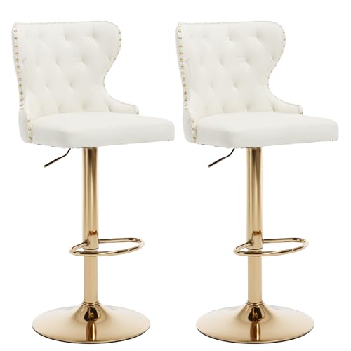 Set de 2 butacos giratorios ajustables, sillas de altura para barra con respaldo alto y acabado en cuero sintético blanco, patas metálicas doradas y reposapiés, para isla de cocina o bar en casa