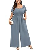 SCOMCHIC Women's Plus Size Jumpsuits Square Neck Dressy Casual Wide Leg Long Pant Romper One Piece Outfits With Pockets, Blue, X-Large