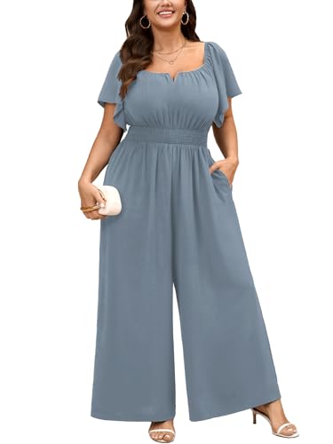 SCOMCHIC Womens Plus Size Jumpsuits Square Neck Dressy Casual Wide Leg Long Pant Romper One Piece Outfits With Pockets