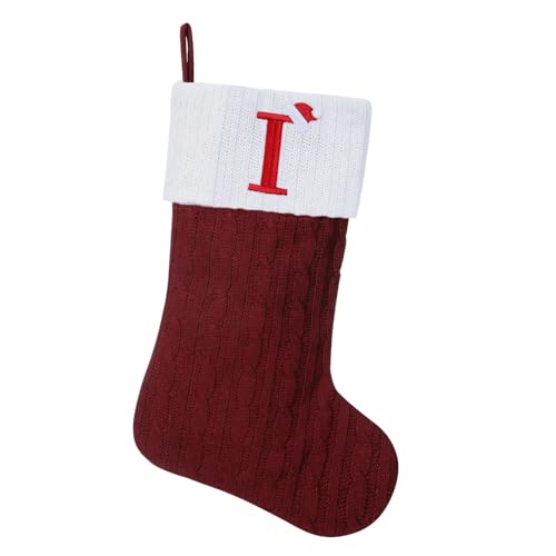 Yehnois 19.5" Burgundy Knit Christmas Stockings — Embroidered Initial I