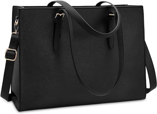 Laptop Bag for Women – Waterproof Lightweight Leather 15.6 Inch Computer Tote, Business Office Briefcase, Large Capacity Shoulder Handbag, Professional Work Bag (Black)
