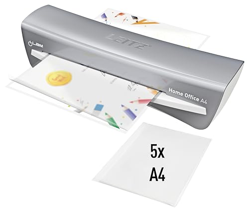 Leitz iLAM A4 Laminiergerät, sehr kurze Aufwärmzeit von 2 Min, 75-125 mic, Smart LED Status, Anti-Stau, Auto-Abschaltung, inkl 5x A4-Laminierfolien, Für Home Office und Büro, Silber und Weiß, 73680089