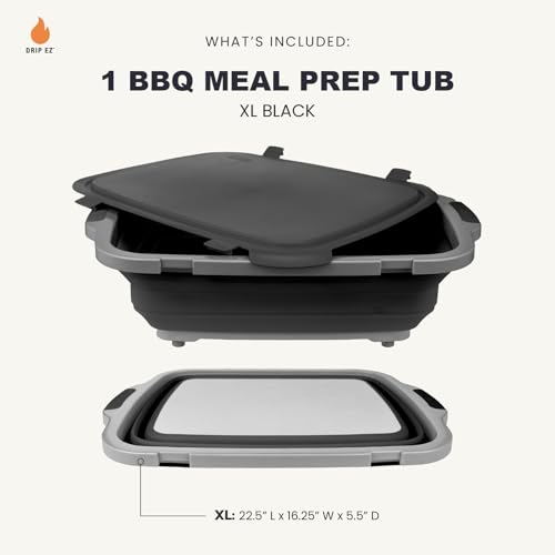 Drip EZ Collapsible BBQ Prep Tub - for Meal Prep Marinating Food Storage - Includes Cutting Board & Locking Lid - (1) XL - Black