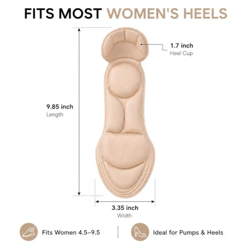 Image of Heel Cushion Inserts for Women - Soft Sponge Shoe Pads for Loose Shoes, Arch & Metatarsal Pain Relief, Comfort Insoles for High Heels (Fits Women 4.5-9.5, Beige)