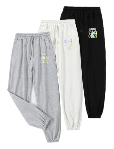 Image of EXARUS 3 Pack Girls Sweatpants Joggers Teen Sweat Pants Wide Leg | Tween Baggy Casual Preppy Pockets High Rise Elastic Waist School Sports Trendy Clothes Kids Youth Junior 6-14Y