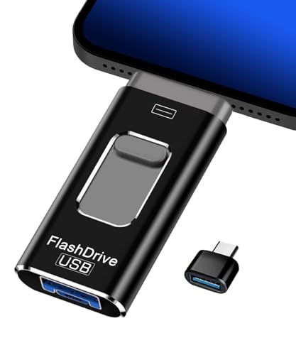 LUIRSAY Unidad flash USB 3.0 para iPhone de 128 GB [MFi Certified], tarjeta de memoria 4 en 1 (Lightnning, USB C, USB3.0, Micro USB), compatible con iPhone/iPad/Android/PC, negro