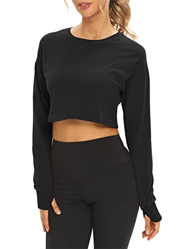Mippo Long Sleeve Workout Shirts For Women Yoga Gym Crop Top Long Sleeve Athletic Running Shirts Loose Fit Workout Tops Cropped Tshirts Cute Workout Clothes Black M #TOP4
