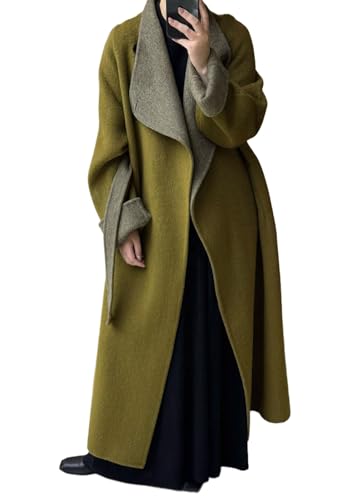 Image of CHARTOU Women Long Wool Trench Coat Winter Lapel Double-Faced Cashmere Peacoat Elegant Loose Belted Overcoat (Small, Pickle)