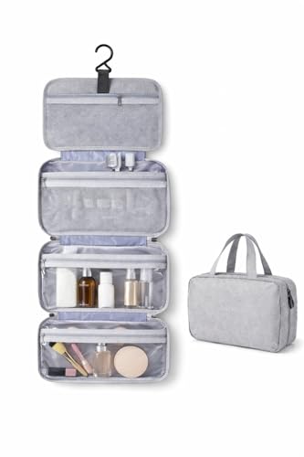 ZiaWorld Travel Toiletry Bag with Hanging Hook, Waterproof Foldable Large Capacity Travel Makeup Bag Organizer, Women & Men Toiletries Bag for Large Full Sized Essential Accessories Cosmetics, Grey