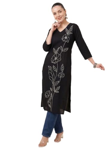 Image of INDO ERA Women Viscose Rayon Straight Fit Straight Floral Embroidered Kurtas