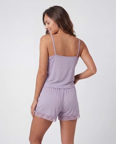 Image of Real Essentials 2 Pack: Women's Lace Trim Cami and Short Set Cute Pajama PJ Sleepwear Nightwear Pajamas Sleep Soft Drawstring