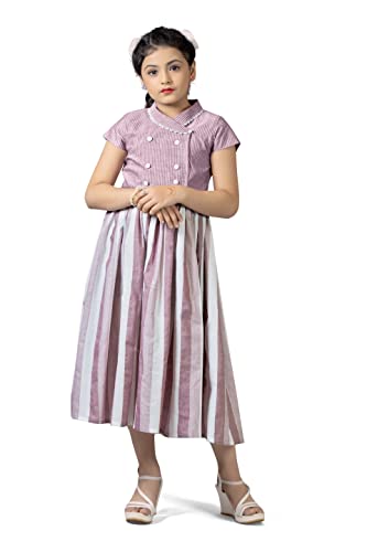 Image of Fashion Dream Girl Double Breasted Stripe Pattern Calf Length Dress(Pink 3-4 Year)