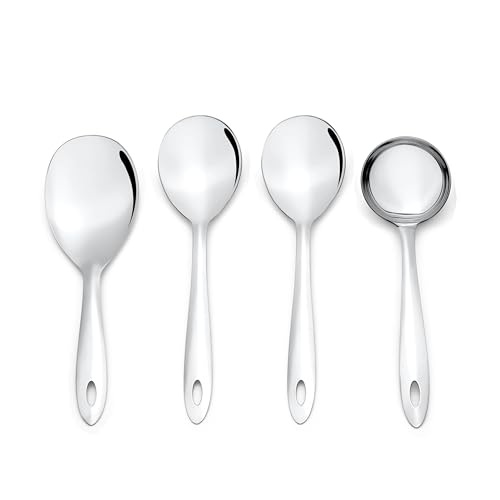Image of Montavo by FnS 4 Pieces Stainless Steel Serving Spoon Set | 1 Gravy Ladle, 1 Rice Server & 2 Veg Serving Spoons | Premium Kitchen Serving Utensils for Home, Dining & Buffet
