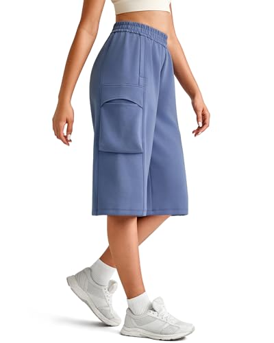 G4Free Summer Pants for Women Wide Leg Capis with Pockets High Waist Elastic Cargo Pants Casual Lounge Pants for Daily Life(Denim Blue,L,13