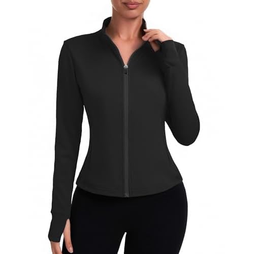 PINSPARK Women’s Full-Zip Sports Jacket Short Slim Running Jacket with Thumbholes Long-Sleeved Sportswear with Zipper Pockets