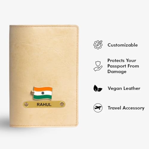 Image of ncgifts Customised Leather Passport Holder: Personalised Name & Charm for Men & Women - Unique Travel Gift, Document Organiser, Boarding Pass Holder, Customised Gifts for Men & Women (Baige)