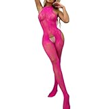 Gatamiau Women's Sexy Bodystocking Floral Lace See Through Mesh Teddy Underwear Halter Neck Cut OUt One Piece Slim Fit Jumpsuit Leotard Tights (Pink, One Size)